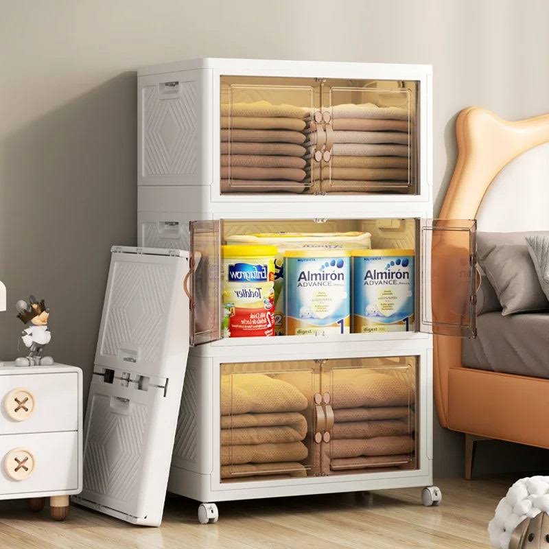 Kit 12 Caixas Organizadoras Dobráveis com Rodinhas e Porta Dupla (Modular Empilhável)