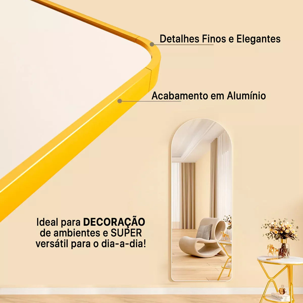 Espelho Pinterest Corpo Inteiro Arqueado com Moldura Dourada