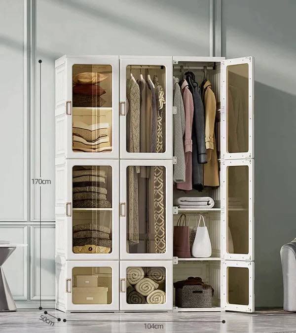 Guarda-Roupa Modular Dobrável com Portas Transparentes e Cabideiro